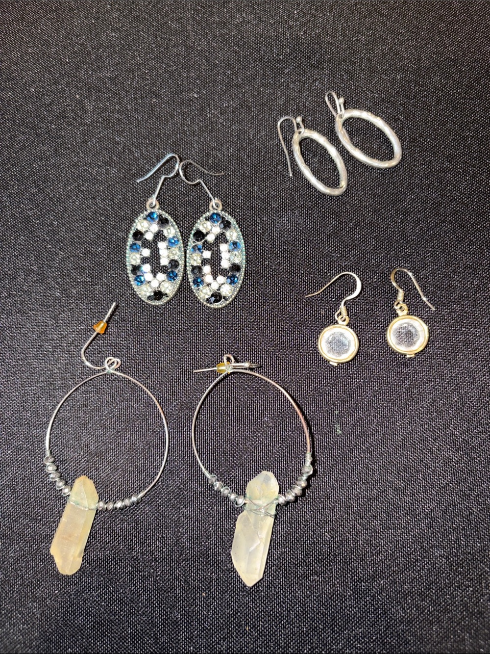 4 pair of various Hoop Earrings with crystals, stones & metals.